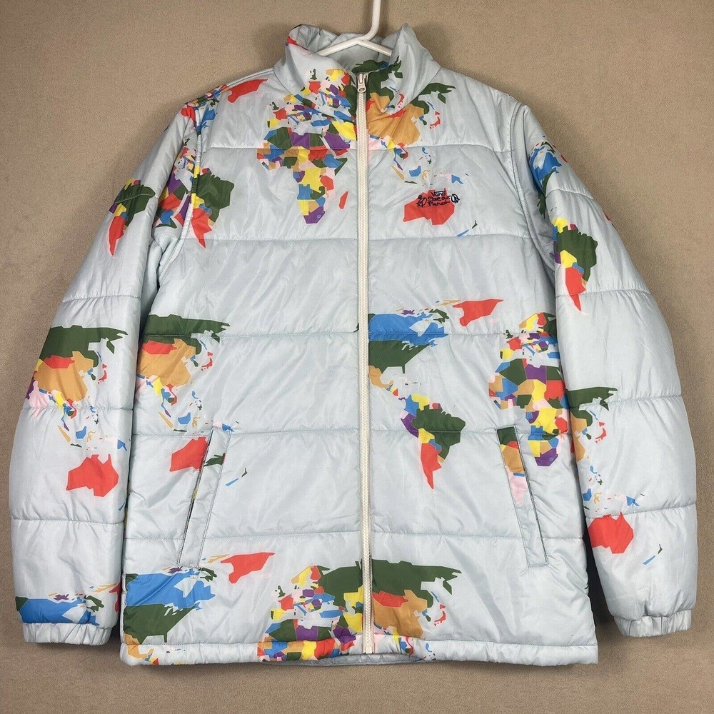Vans Save Our Planet Earth World Map Blue Puffer Jacket Mens M NWT